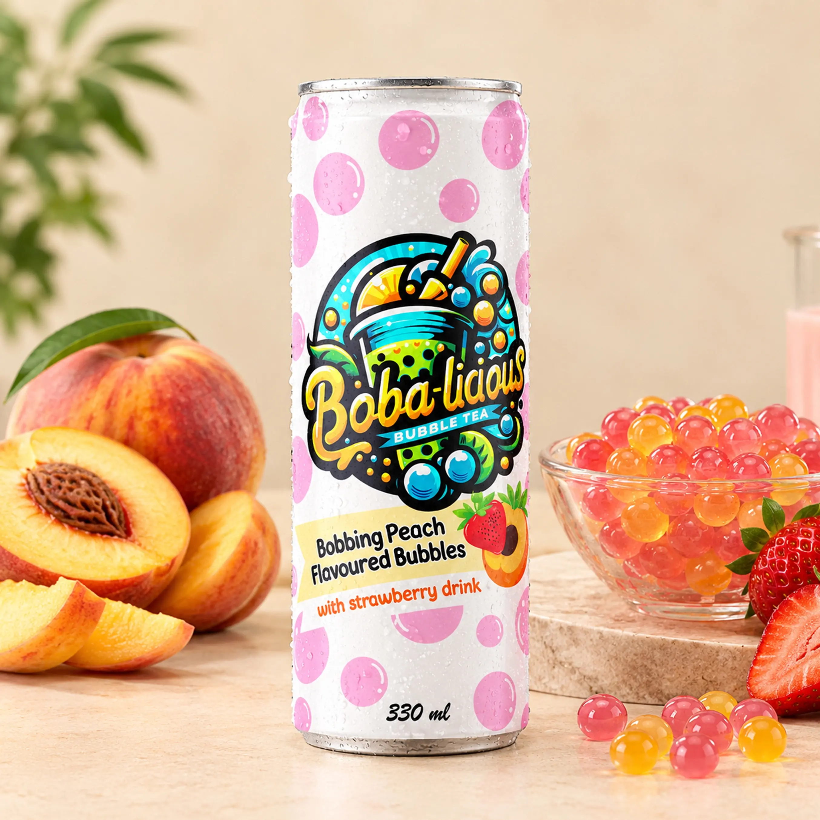 BUBBLE TEA Boba-licious Peach 330 ml can with peach flavoured bubbles, strawberry drink, fresh peach, strawberry and popping boba.